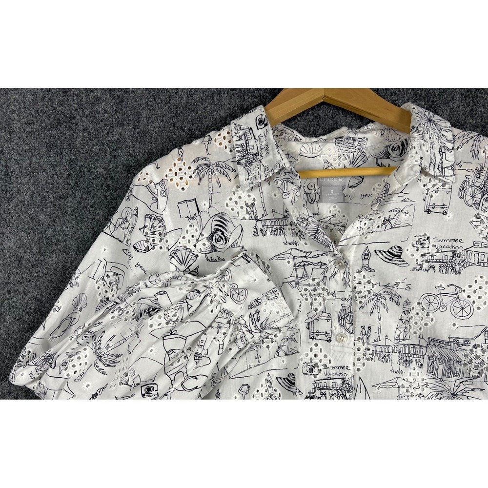 Chicos White Eyelet Beach Toile Button Down Shirt Size 3 XL 16/18 Puff Sleeve